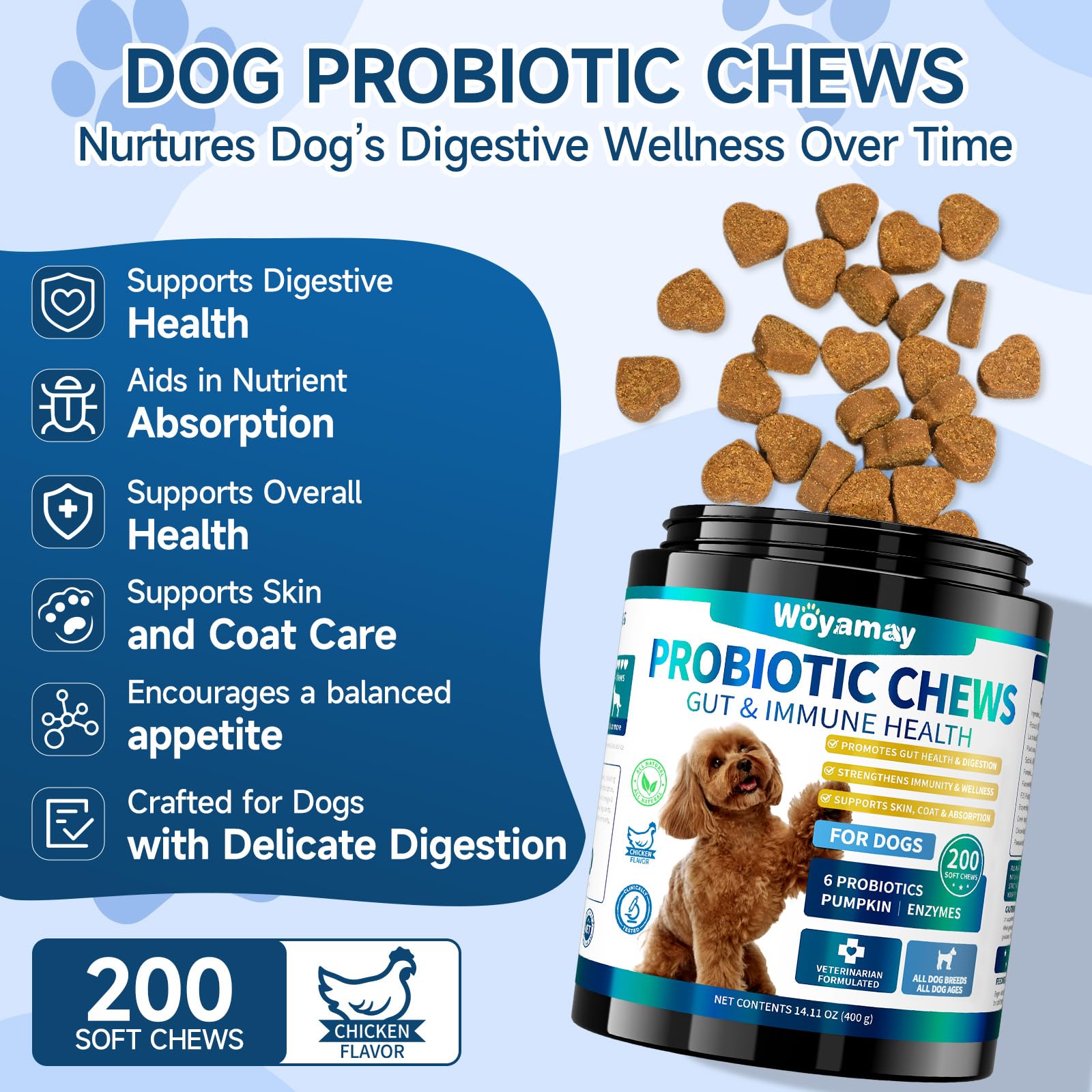 Woyamay probiótico para perros, gomitas sabor pollo, sabrosas y fáciles de dar.