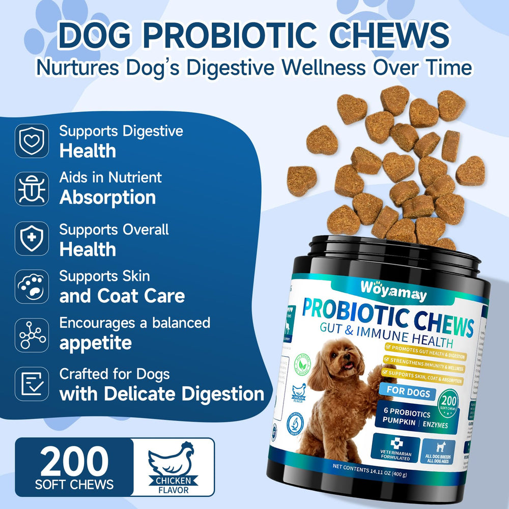 Woyamay probiótico para perros, gomitas sabor pollo, sabrosas y fáciles de dar.
