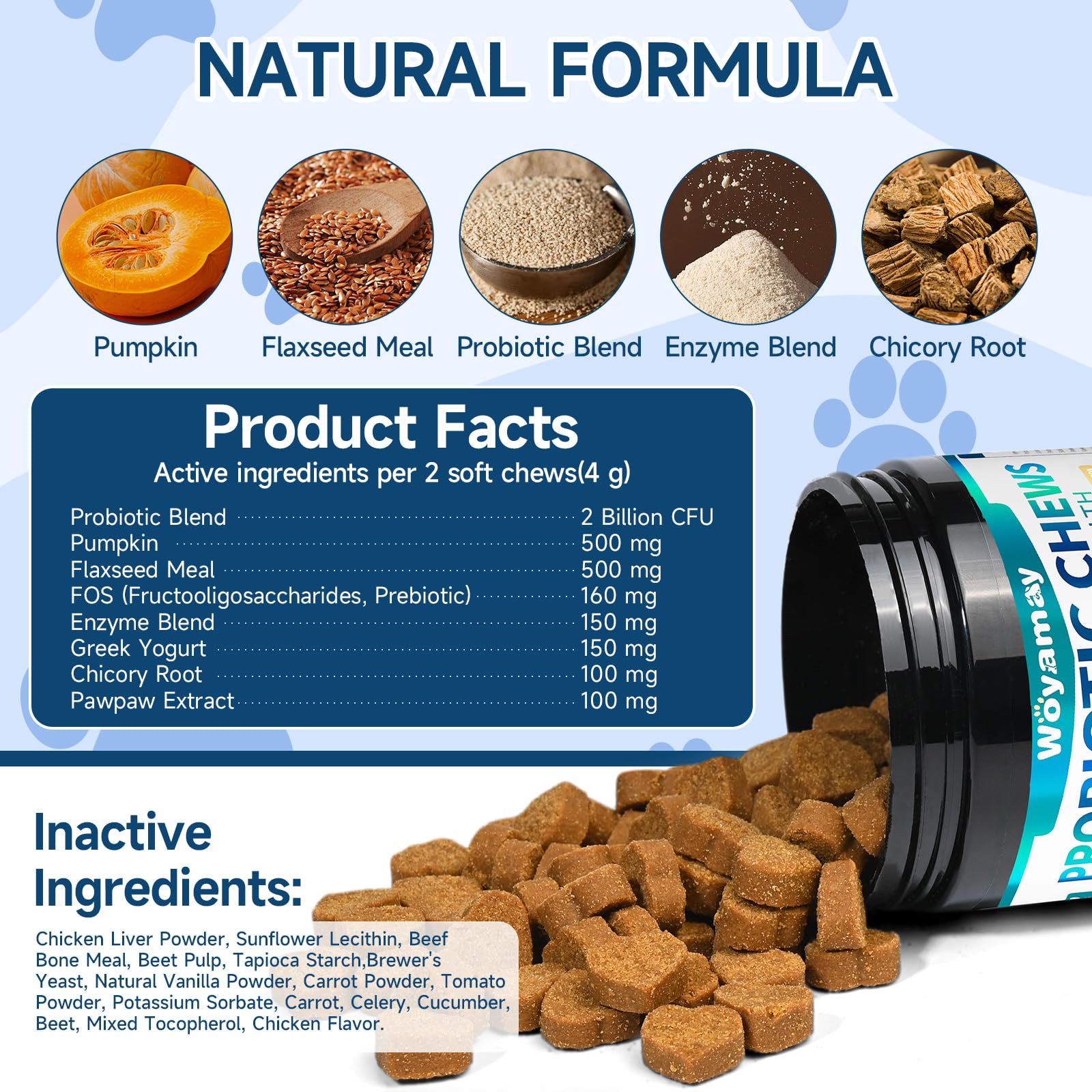 Woyamay probiótico para perros, uso diario sencillo como snack saludable.