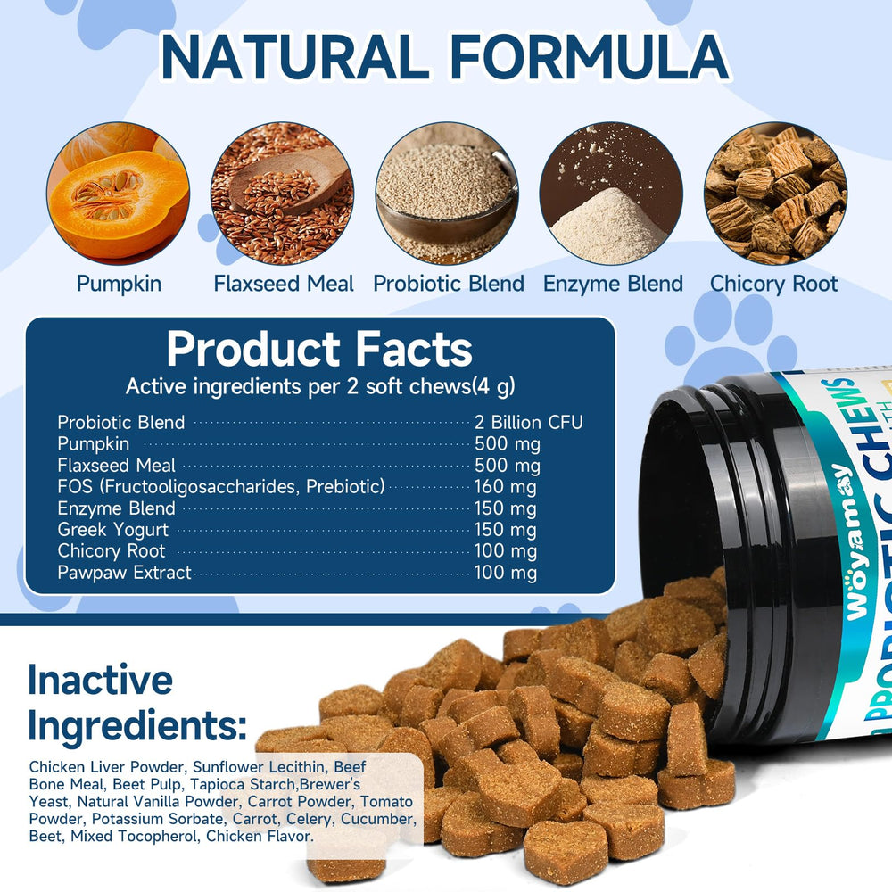 Woyamay probiótico para perros, uso diario sencillo como snack saludable.