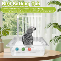 Incluye 3 juguetes masticables para aves, mejora la interacción durante el baño.