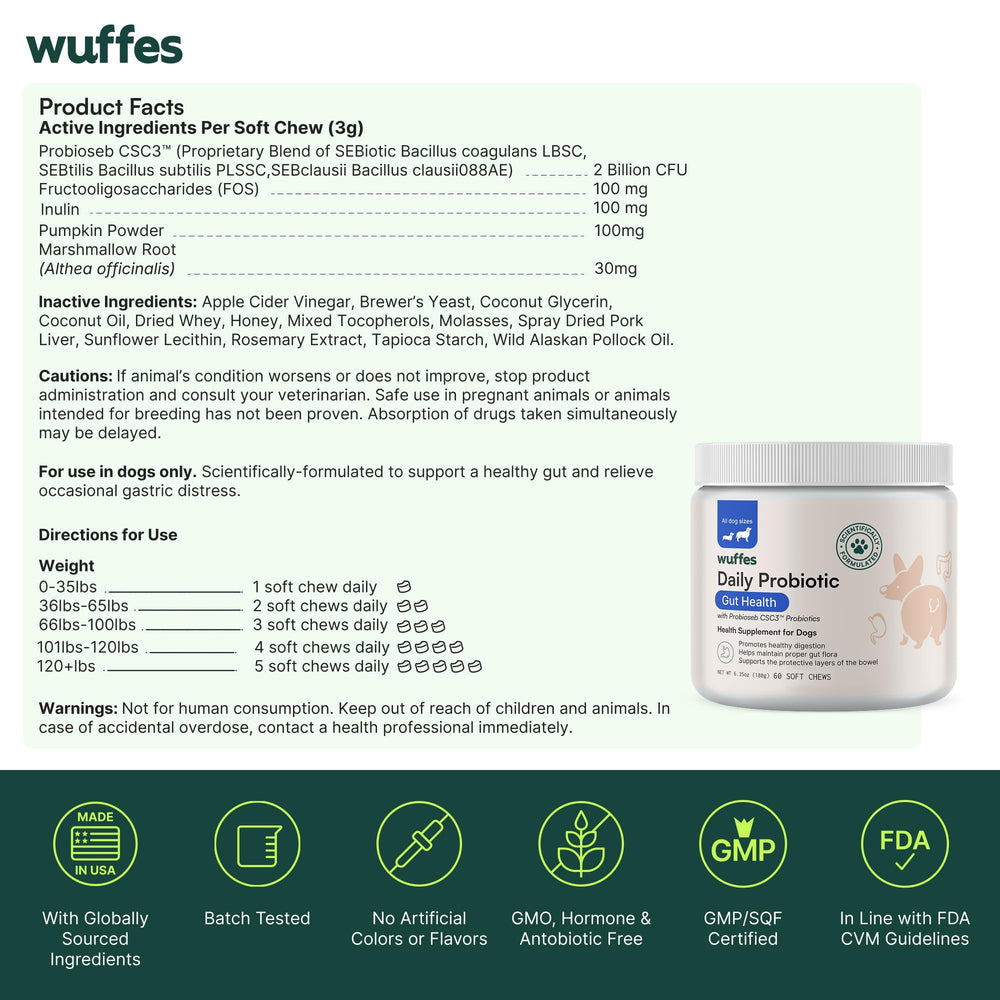 Wuffes Daily Probiotic: dosis diaria fácil para el bienestar digestivo de la mascota.
