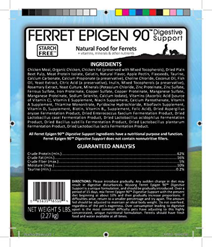 Wysong Ferret Epigen 90 etiqueta nutricional con información de ingredientes y nutrientes.