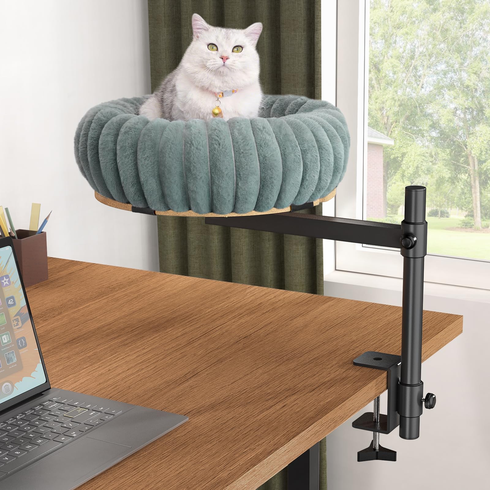 XiaZ cama elevada para gato en escritorio, rotación para mayor visibilidad.