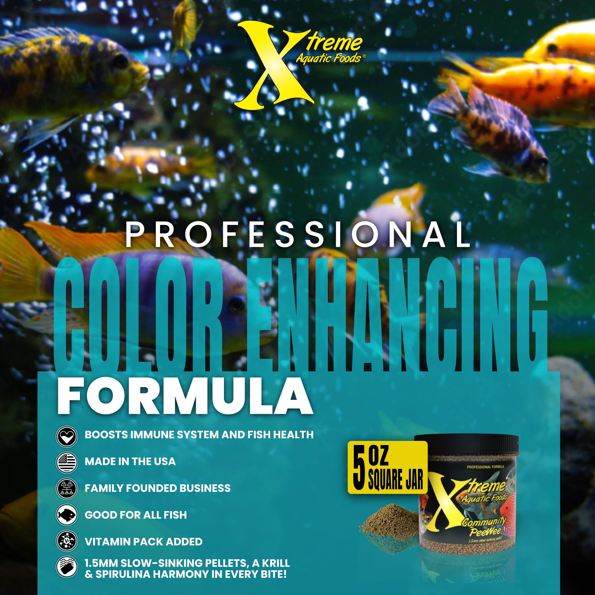 Xtreme Aquatic Foods PeeWee 1.5mm, sin hormonas añadidas para una dieta limpia.