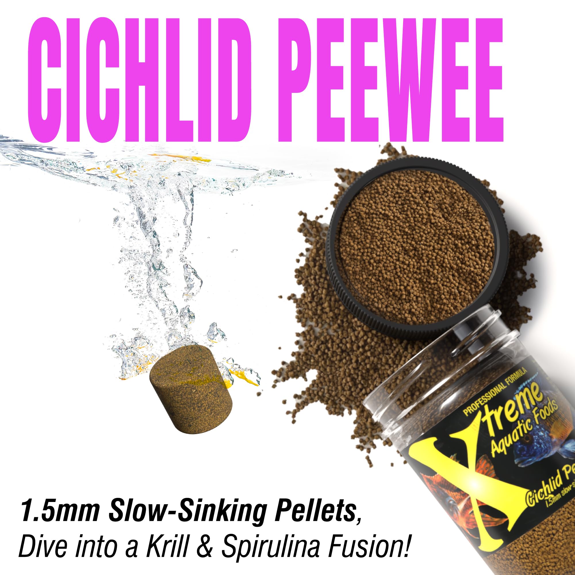 Xtreme Cichlid PeeWee Gránulos, proteína completa para el desarrollo visible de los peces.