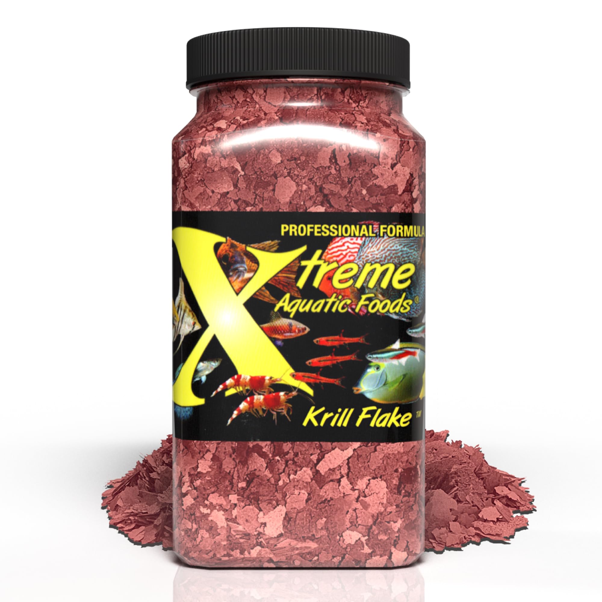 Xtreme Krill Flakes, paquete frontal, alimento premium para peces con color vivo.