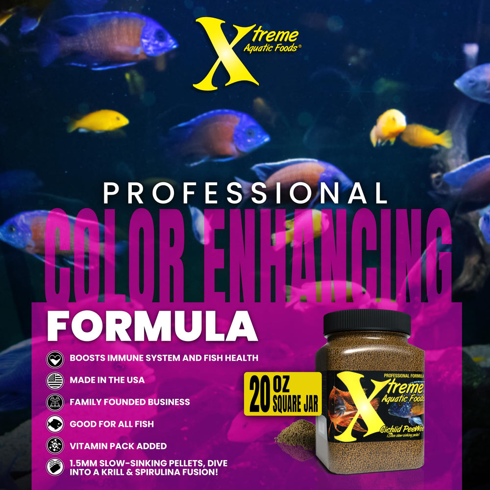 Peces en acuario comiendo pellets Xtreme PeeWee, apoyo digestivo potencial.