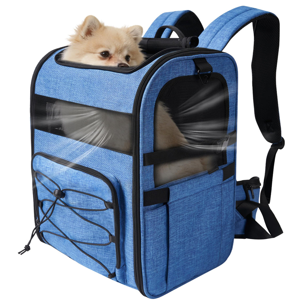 XUVIRA mochila portadora con malla transpirable para perros pequeños durante caminatas.
