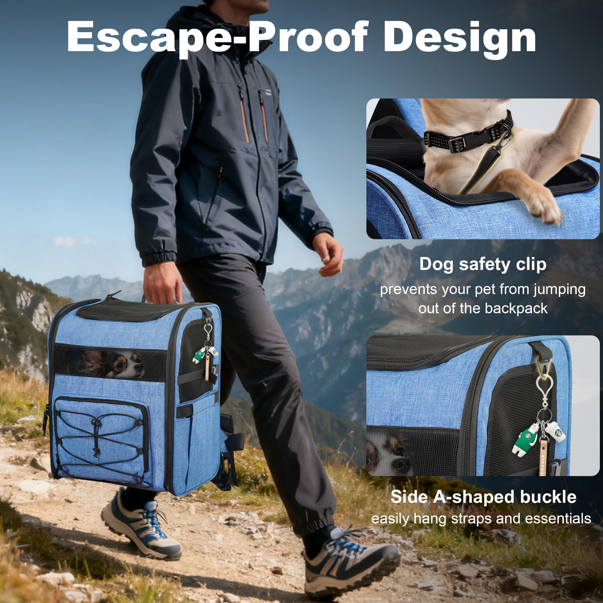 Mochila XUVIRA portaperros azul bolsillos laterales para golosinas y accesorios.