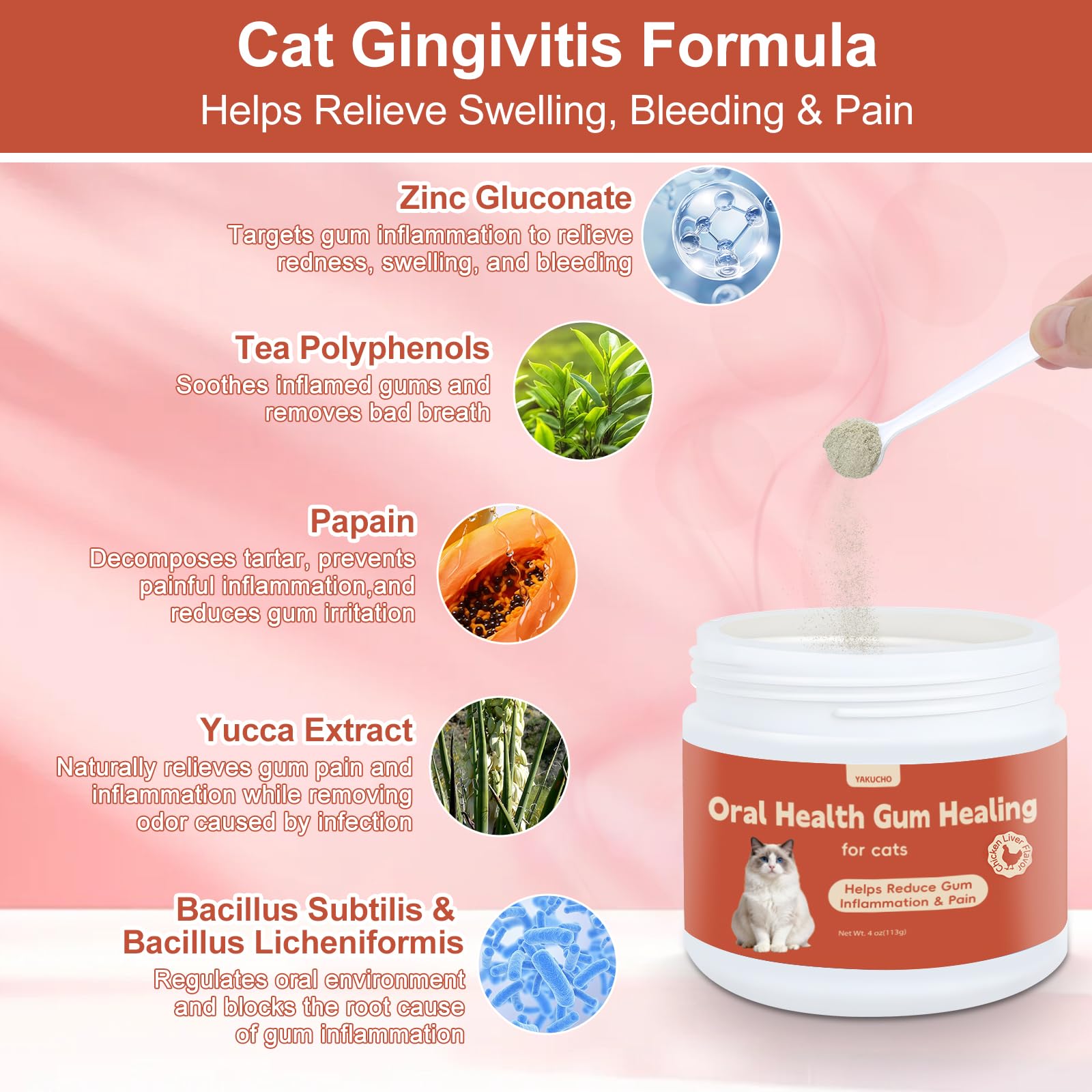 Yakucho gingivitis felina: primer plano del envase para reducir inflamación gingival