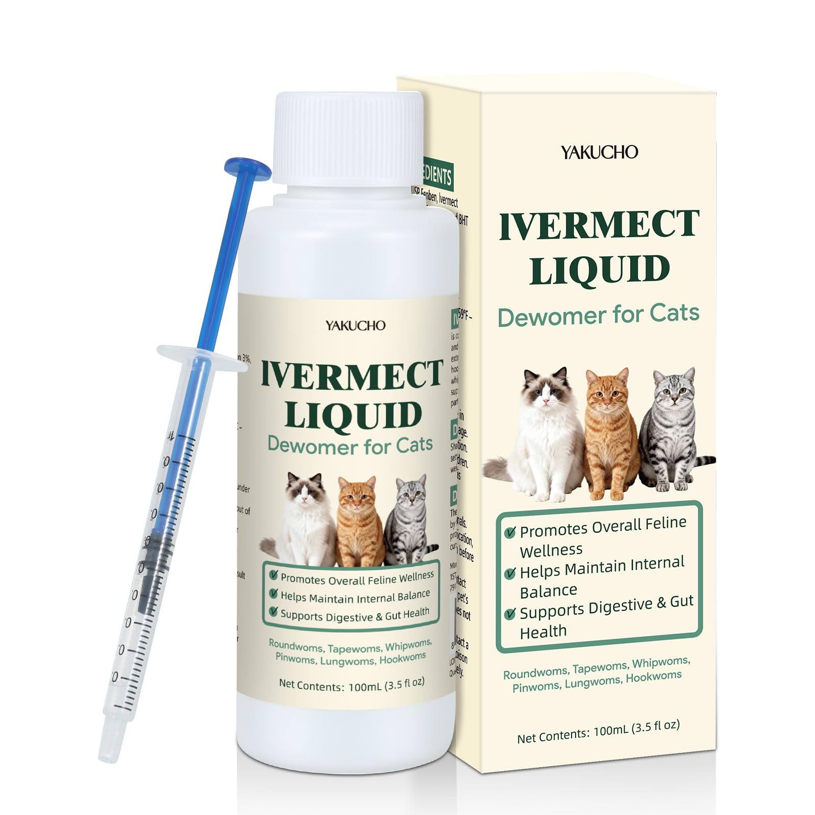 Yakucho lvermect: botella líquida para gato, soporte digestivo suave.