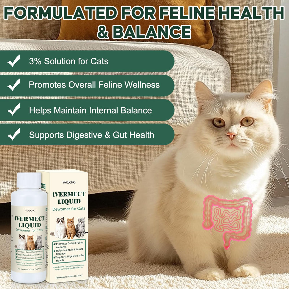 Yakucho lvermect: gato comiendo, complemento para equilibrio digestivo.
