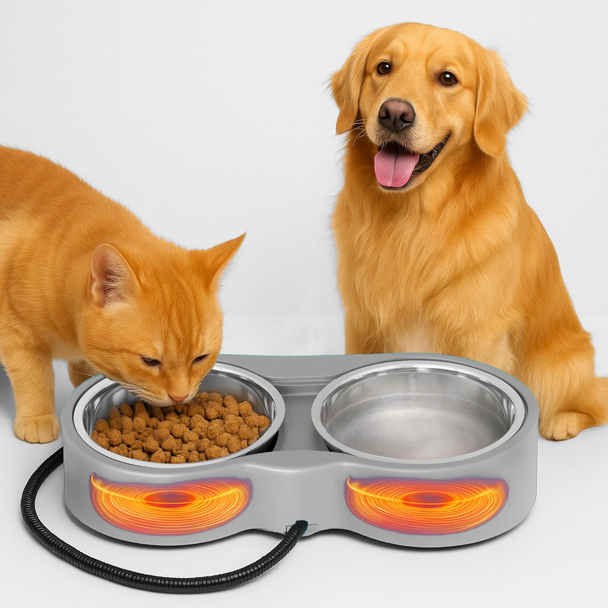 Tazón doble YEOLEH caliente para gatos y perros, mantiene agua y comida templadas