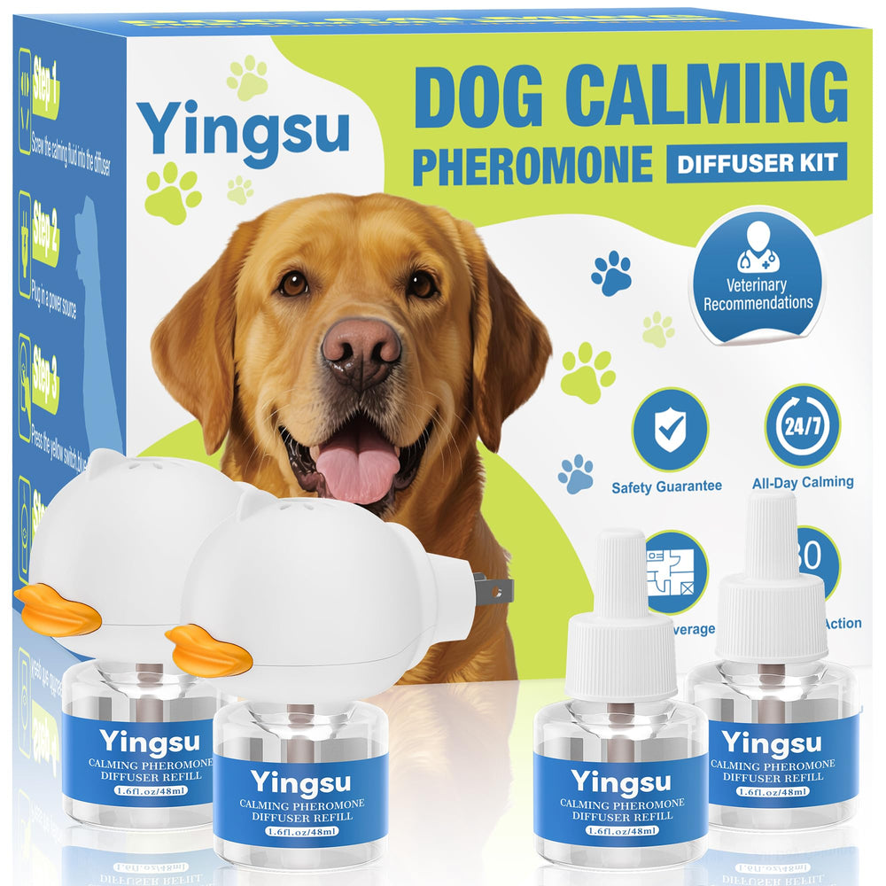 Difusor calmante Yingsu en uso para perros, ayuda a la calma diaria.