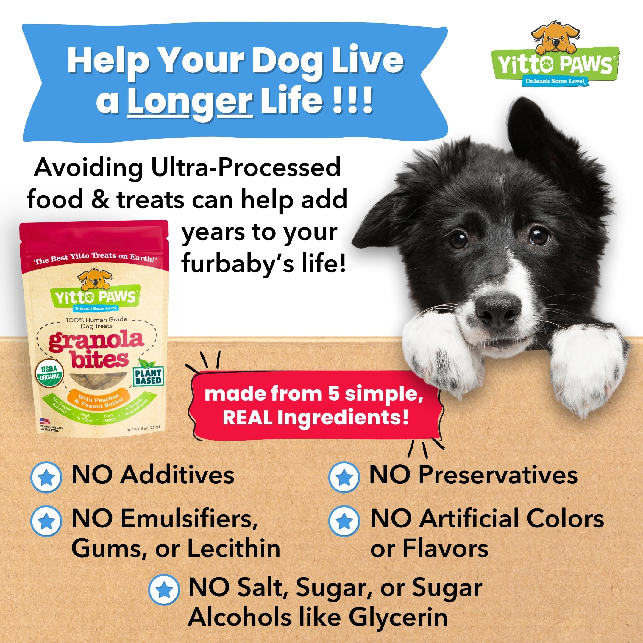 Producto hecho en Estados Unidos sin maíz, trigo ni productos de origen animal.