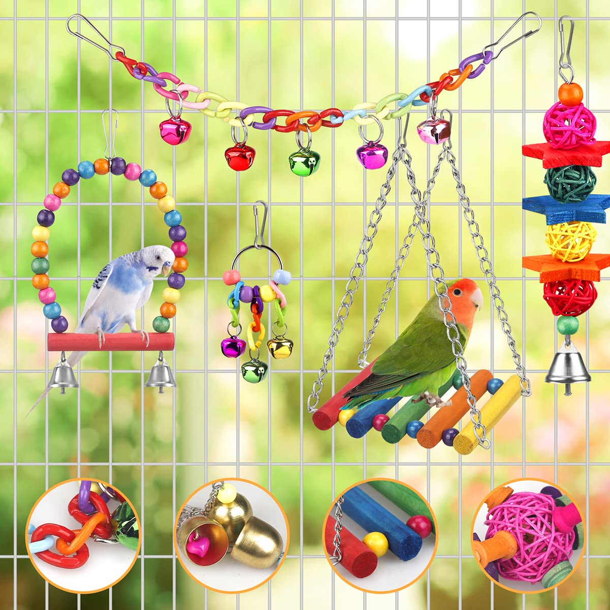 YIXUND columpio con campanas para aves, anima el juego y el ejercicio diario.