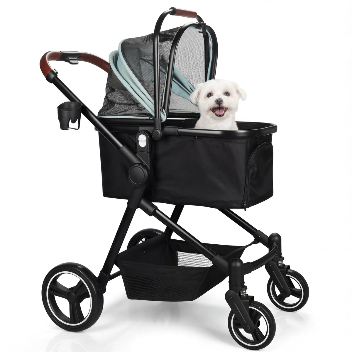 Coche plegable para perros con marco de aluminio ligero.