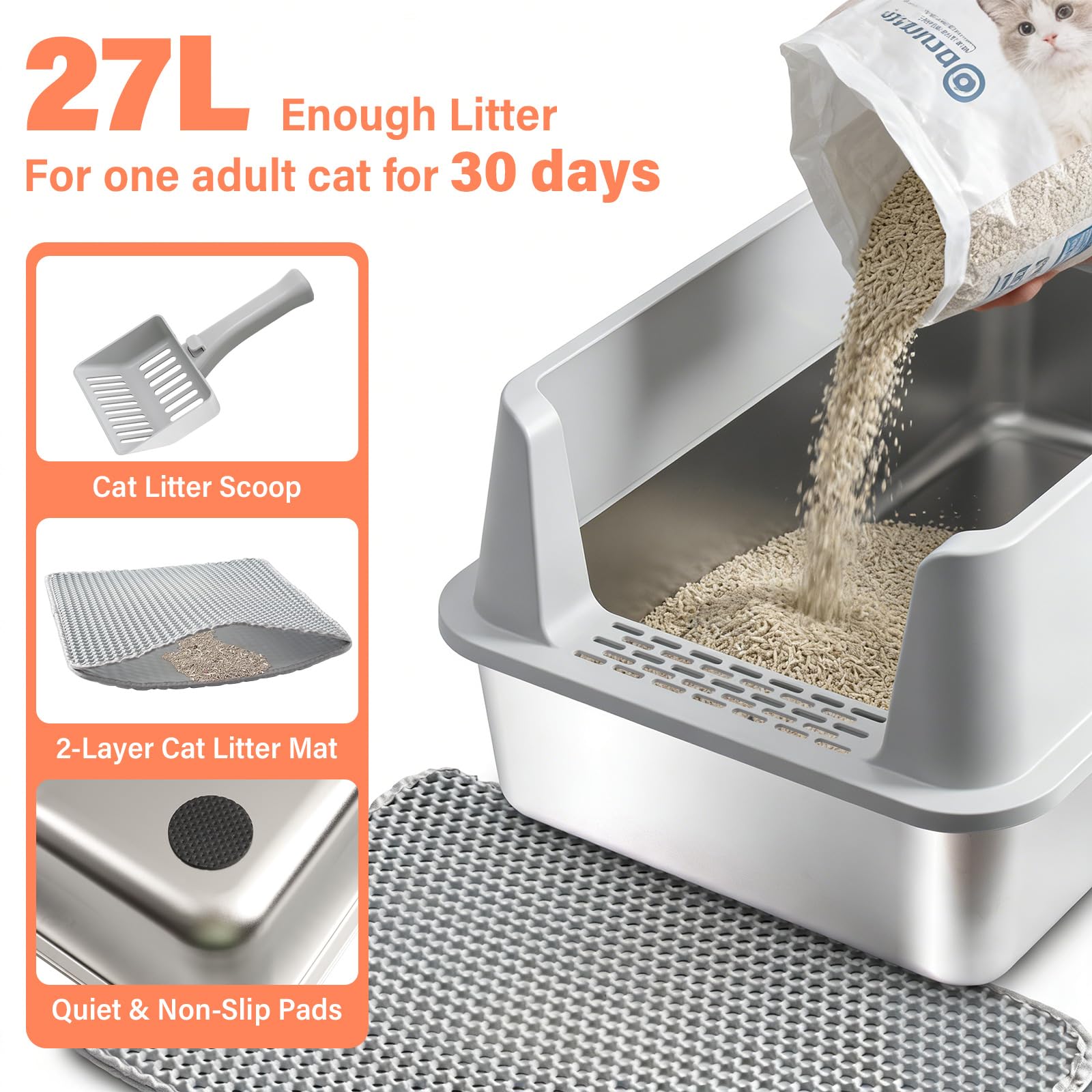 Caja de arena Yollber con superficie antiadherente para limpieza rápida.