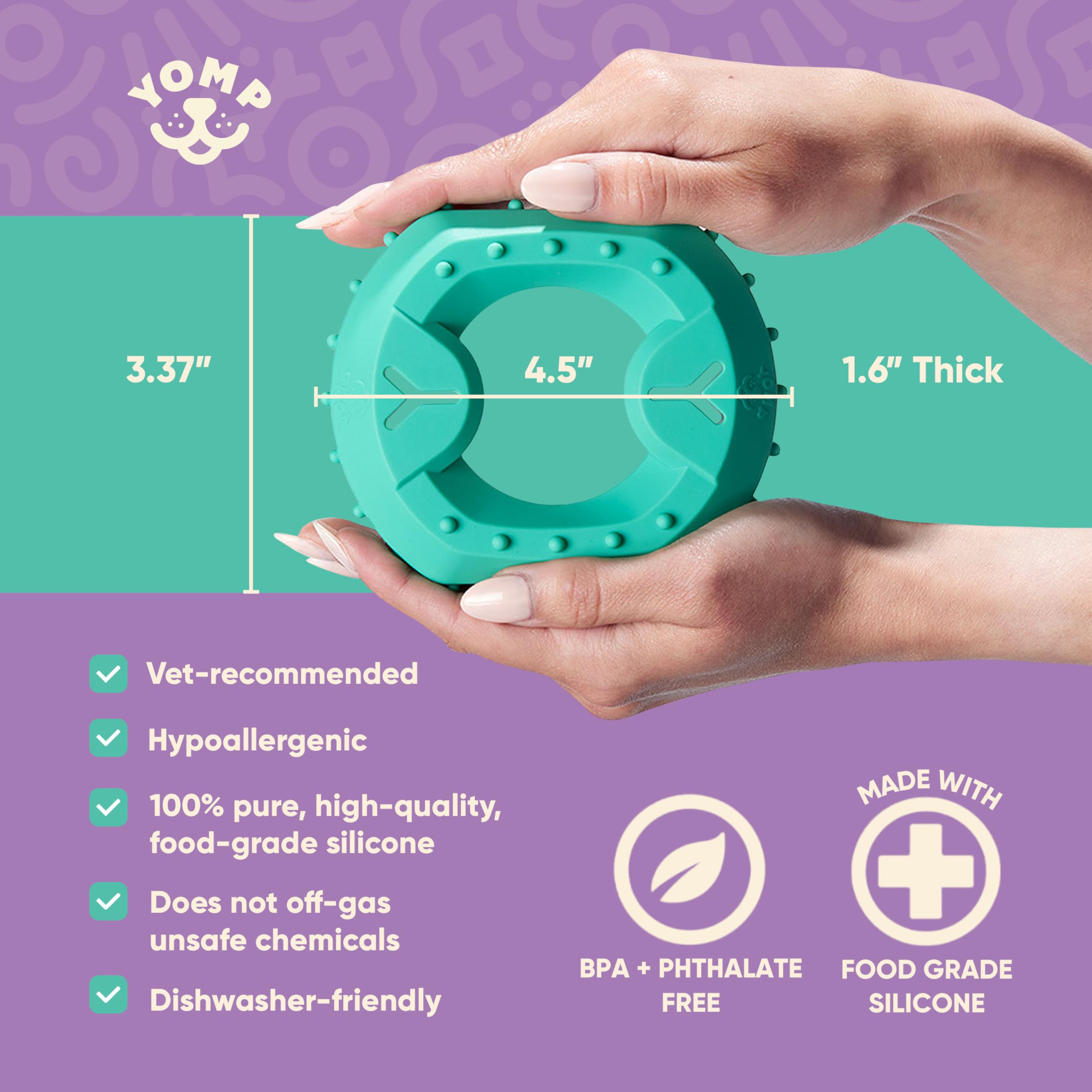 Yomp ChillChew: silicona hipoalergénica, apta para lavavajillas y segura para mascotas.
