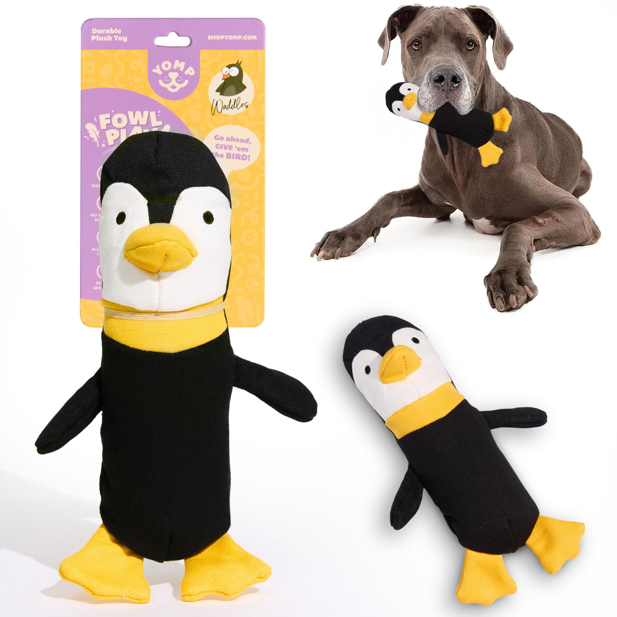 Juguete Yomp pingüino, peluche duradero para juegos prolongados en casa.