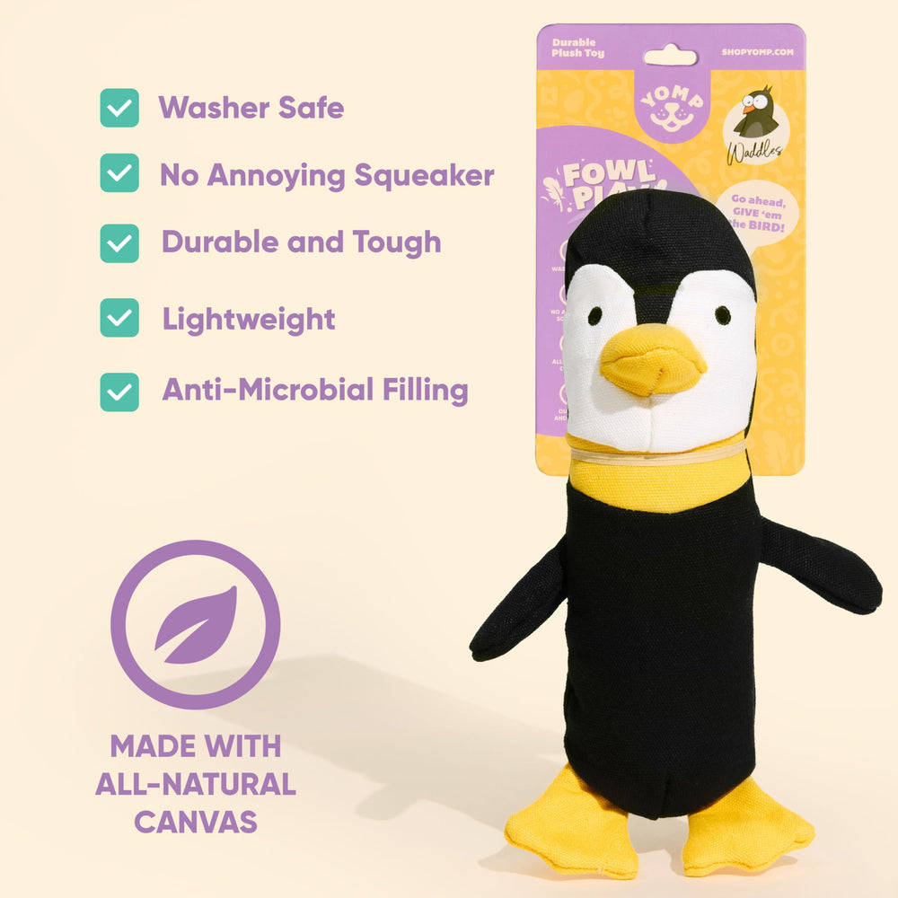 Juguete Yomp pingüino sin chirrido, fácil de lavar.