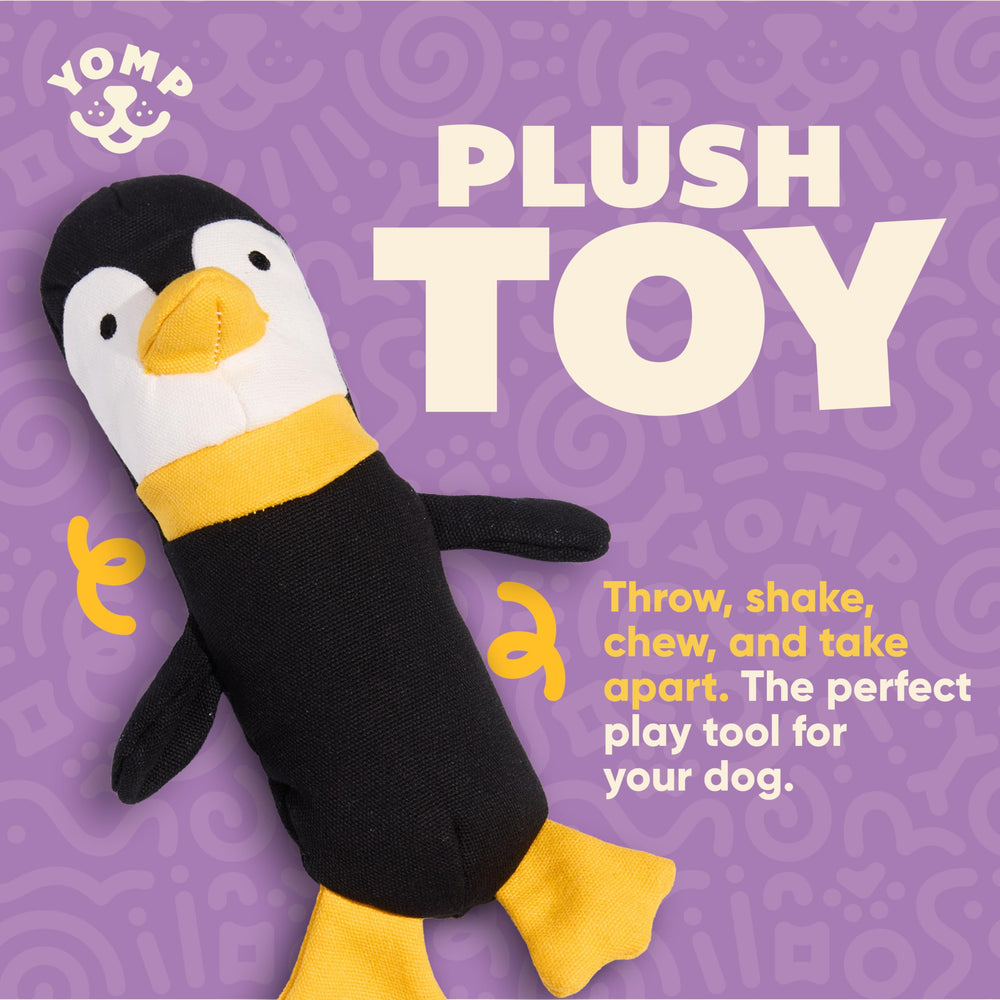 Juguete Yomp pingüino con textura de lona natural para mordidas seguras.