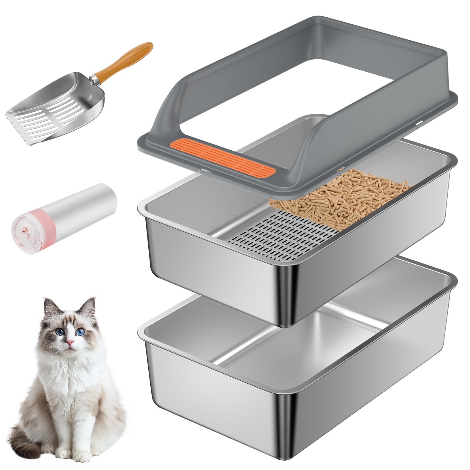 Yoochee caja de arena cribada en acero inoxidable con tapa para control de olores.