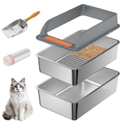 Yoochee caja de arena cribada en acero inoxidable con tapa para control de olores.