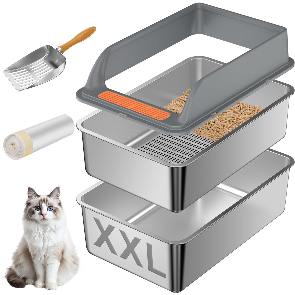 Yoochee caja arena para gatos sifadora de acero inoxidable con tapa, duradera y fácil de limpiar.