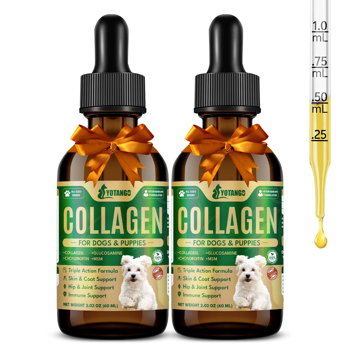 YOTANGO colágeno líquido para perros, frasco frontal, apoya articulaciones saludables para caminatas.