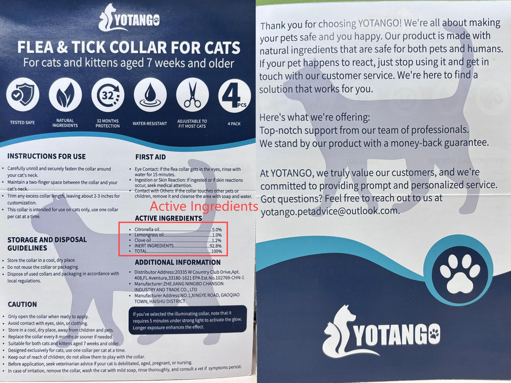 Collar YOTANGO para gatos, uso diario y protección anti-pulgas.