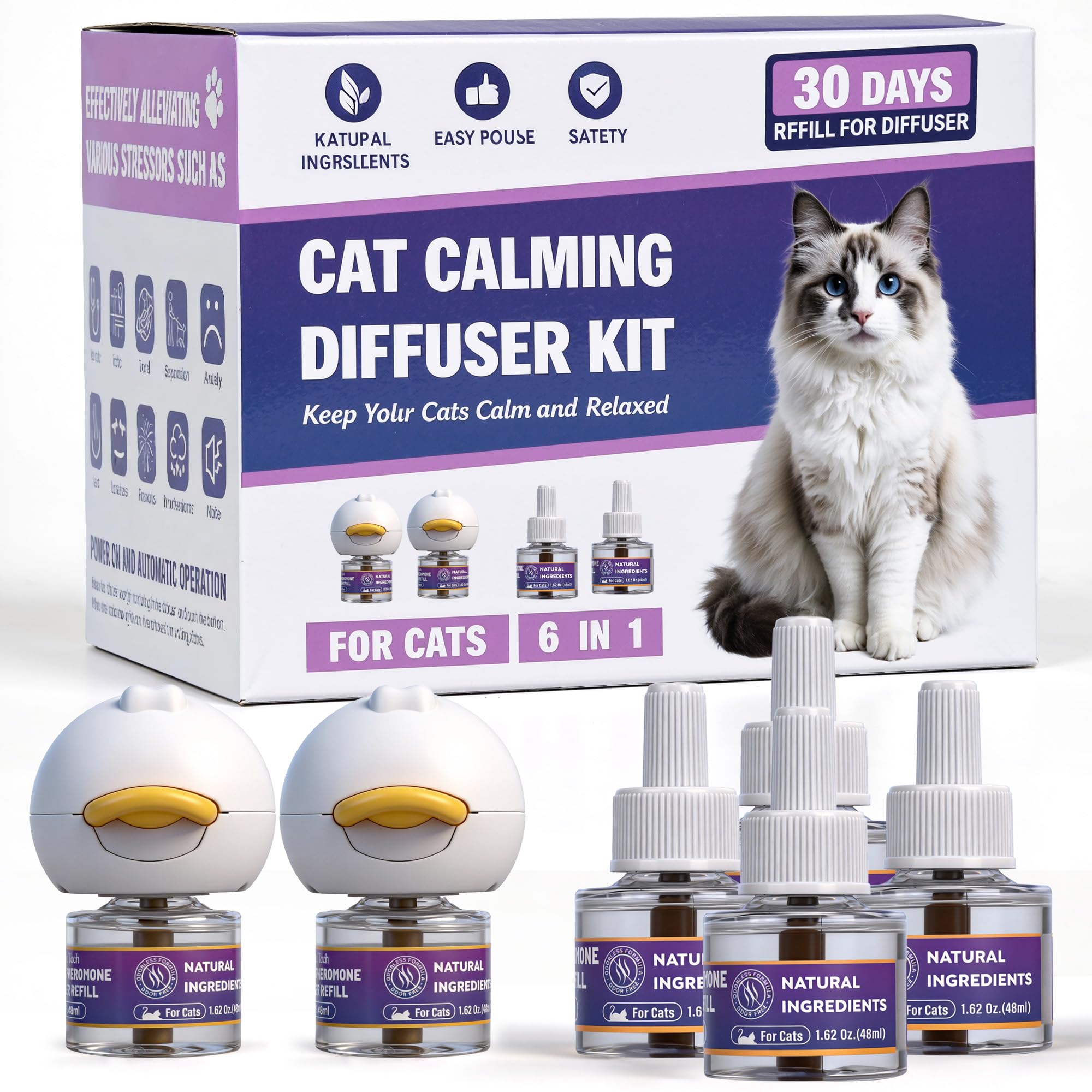 Difusor Ytcx.Tech enchufe-relajante para gatos, promueve calma diaria.