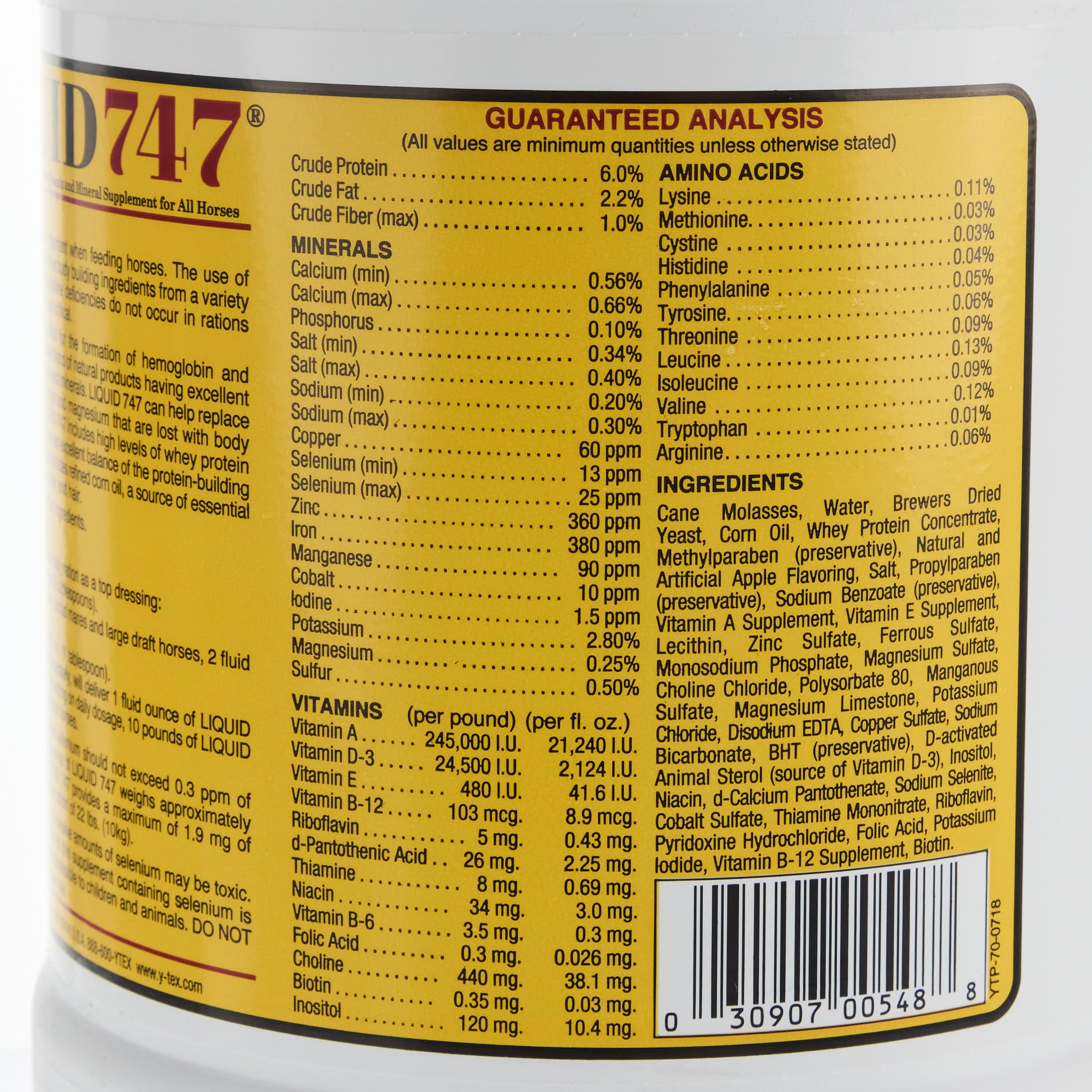 YTEX Equino D GAL 747 etiqueta muestra ingredientes y usos sugeridos.