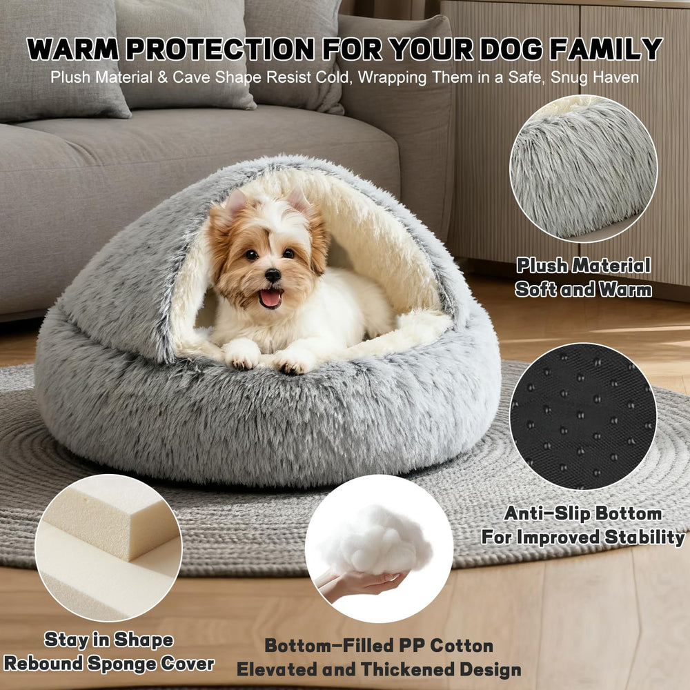 Cama YUDANSI para gato interior, cueva de felpa gris para descanso cómodo.