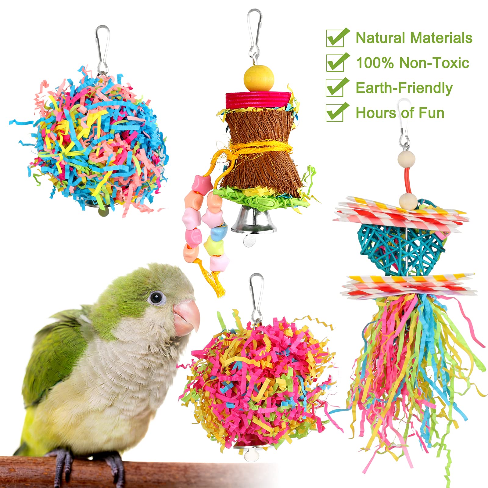 Juguete YUEPET con corteza de palma para aves pequeñas y curiosidad sensorial.