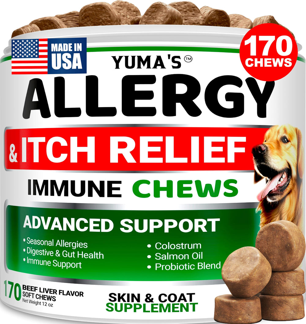 Golosinas YUMA'S para alergia en perros, frente al bote, alivio del picor.