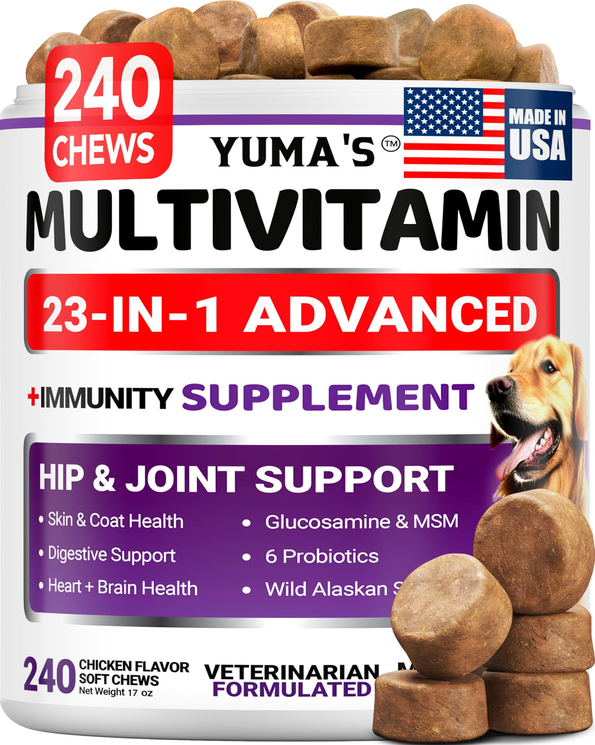 YUMA'S: botella de multivitamínicos para perros, apoyo nutricional general.