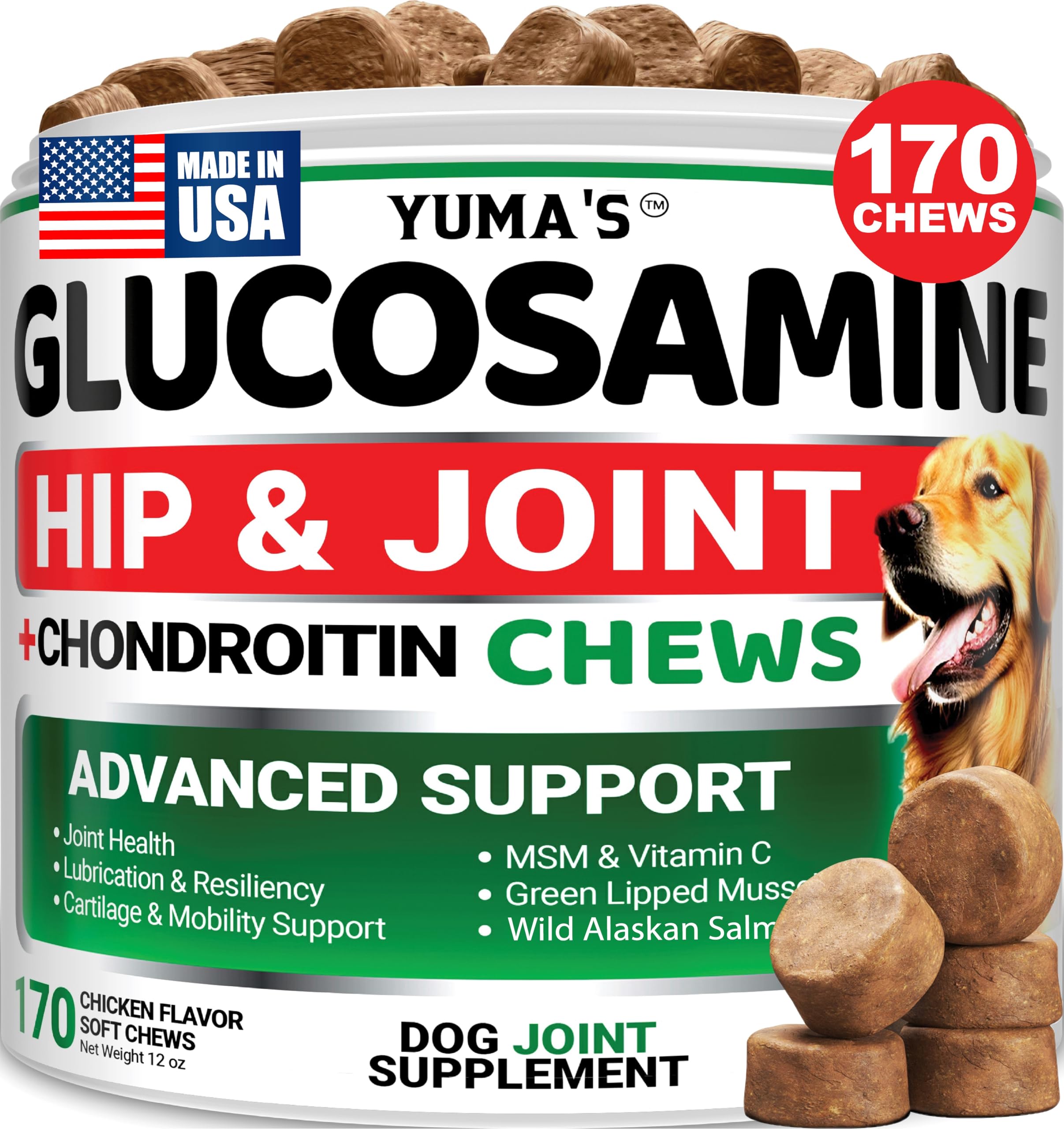 Botella de YUMA'S Glucosamina para perros, apoyo a las articulaciones.
