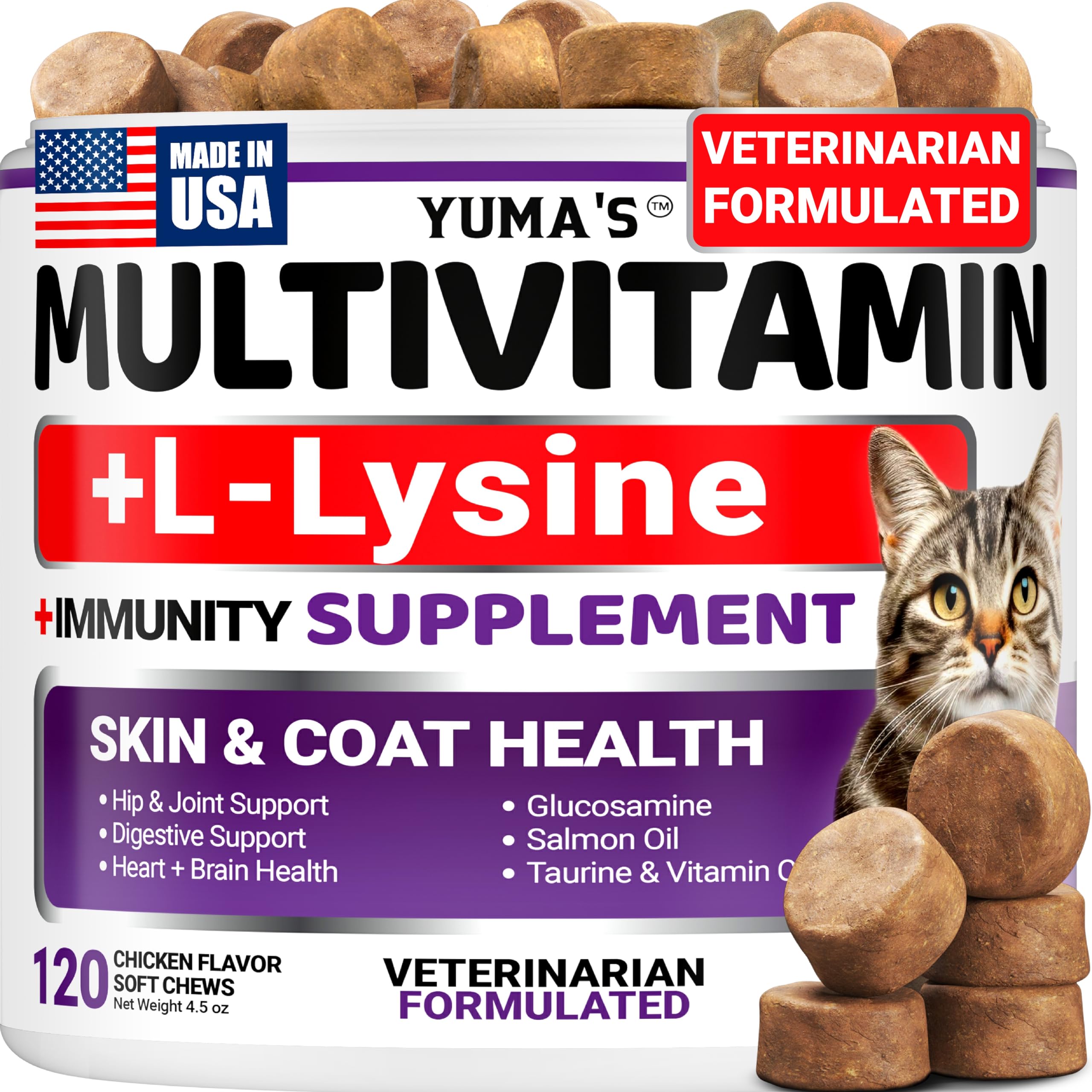 YUMA'S multivitaminas para gatos, botella de gominolas, apoyo diario al bienestar