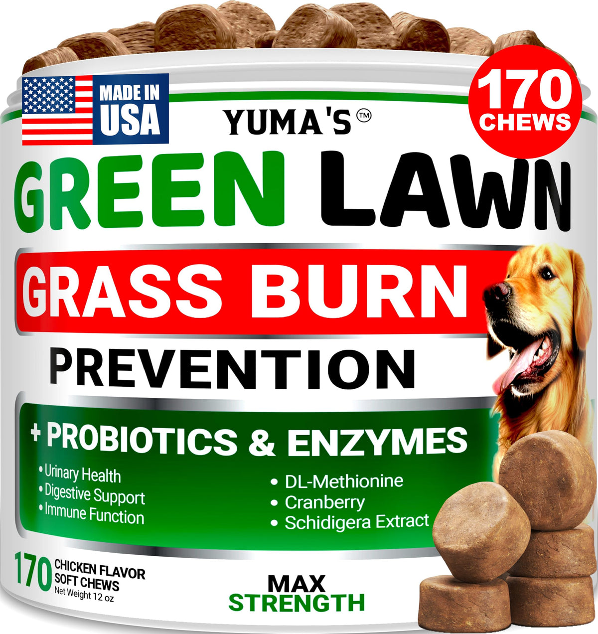 YUMA'S neutralizador de orina para perros, botella visible, mantiene el césped verde