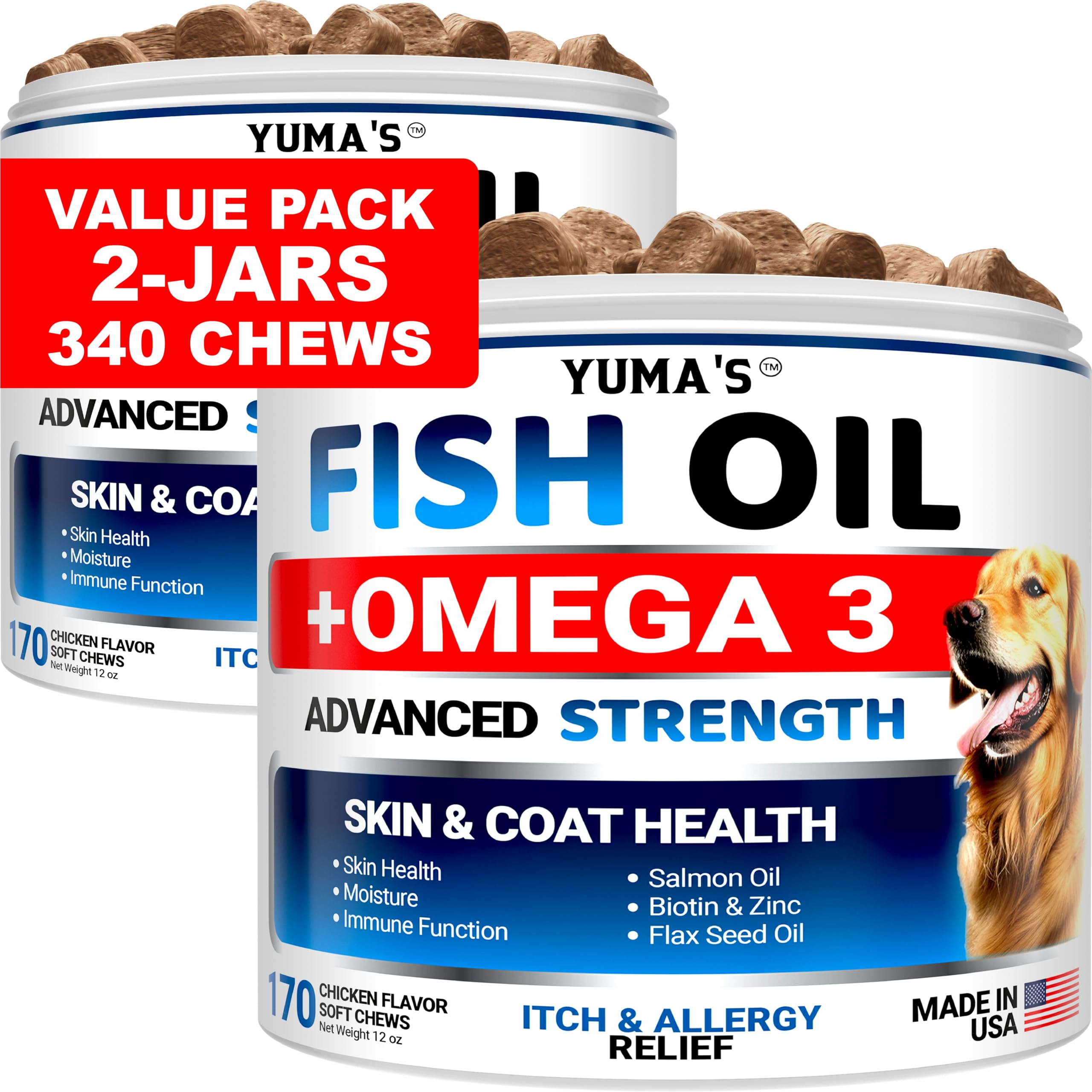 YUMA'S Omega-3 para perros: empaque visible, soporte para piel y pelaje.