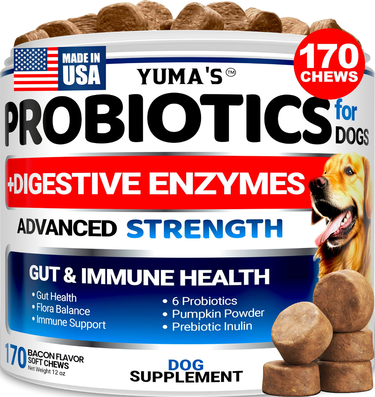 YUMA'S Probiotics para perros, empaque visible, apoyo digestivo diario.