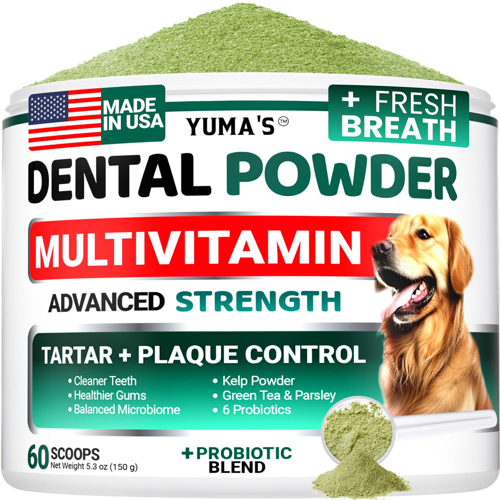 YUMA'S Polvo dental avanzado para perros, botella visible, aliento más fresco