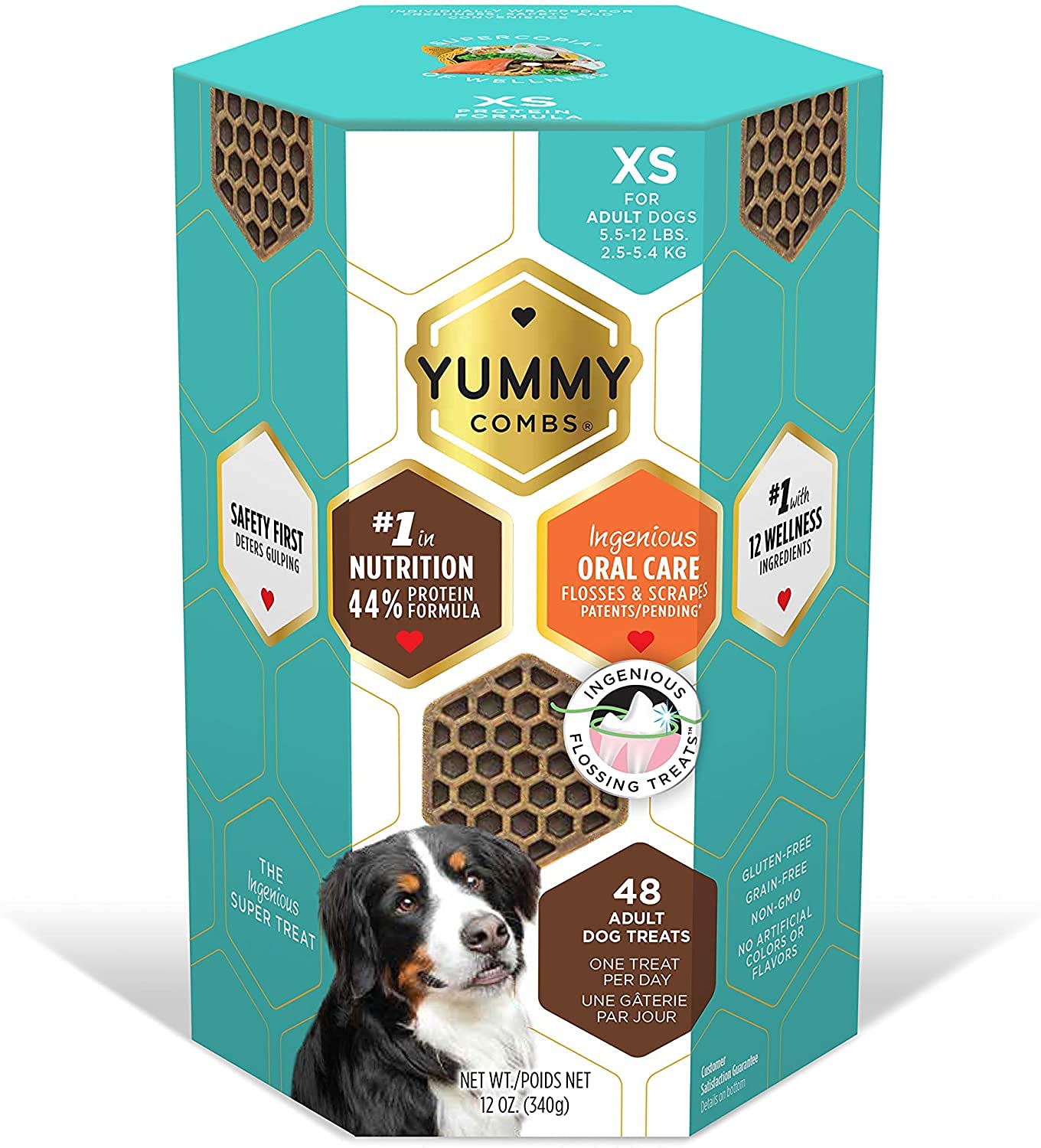 Yummy Combs empaque en cartón de 340 g para perros extra pequeños.