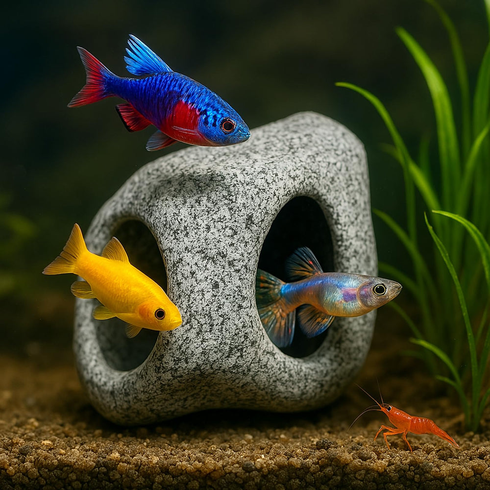 Zcblcyj cueva de roca para acuario, diseño de doble hueco para más opciones de escondite.