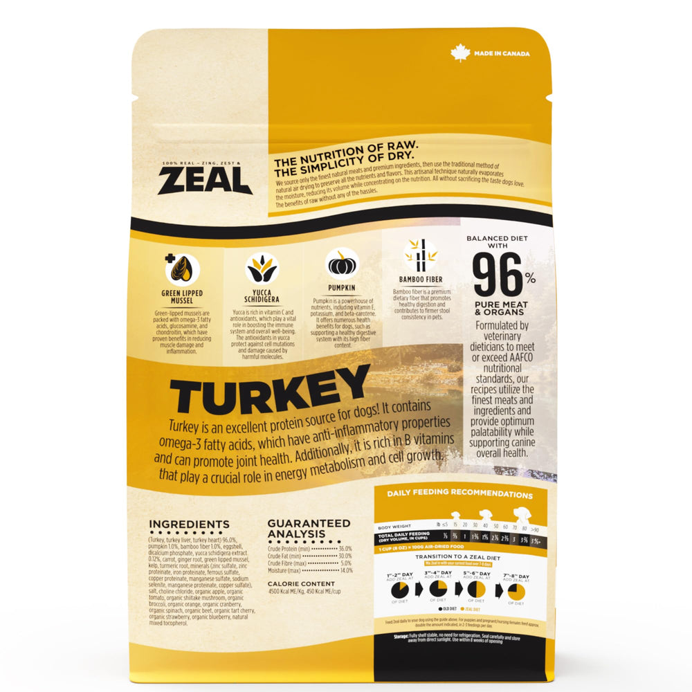 ZEAL Canadá pavo secado para perro en plato, ofrece proteína magra para la dieta.