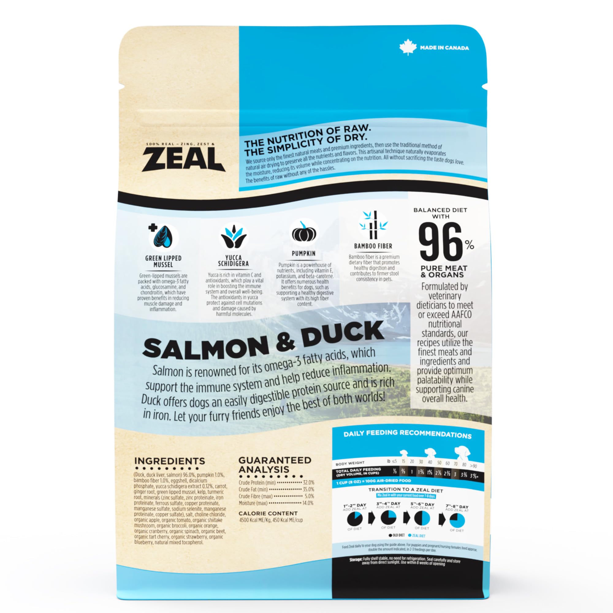 ZEAL doble-proteína salmón-pato para perro, nutrición equilibrada.