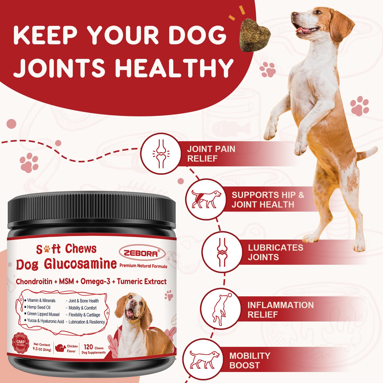 ZEBORA glucosamina para perros, textura suave para masticar fácilmente