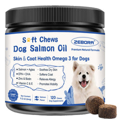 ZEBORA masticables de salmón para perros en frasco, apoyo potencial a piel y pelaje